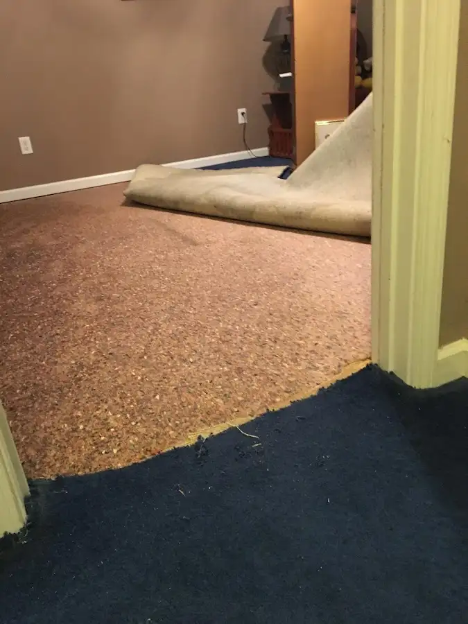 Carpet pad removal revealing water damage during Water Mitigation Services in McMinnville